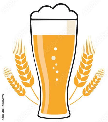 A tall glass of frothy beer with golden wheat stalks, a simple vector graphic icon for a brewery or pub