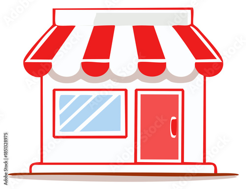 Cartoon shop front with red and white striped awning, window, and door illustration