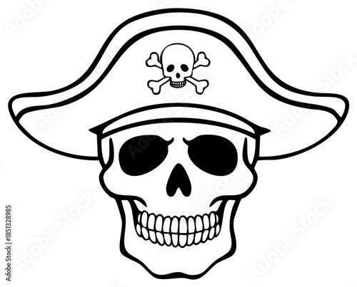 Skull wearing a pirate hat with a Jolly Roger emblem