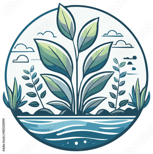 Green Plants by River Vector Circle Illustration