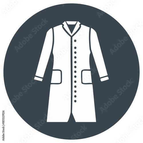 White lab coat icon on a dark background, scientific and medical design.