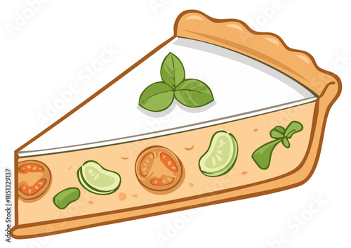 Delicious Vegetable Quiche Cartoon Slice Topped with Fresh Basil Leaves Ready to Eat