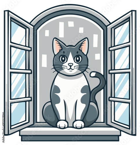 Cute cartoon cat sitting on a windowsill looking out an open window at city buildings