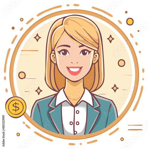 Smiling woman portrait in a circle with a dollar sign, business concept