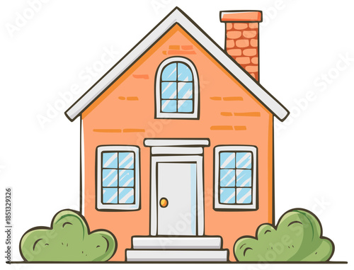 Cartoon illustration of a cute orange house with a brick chimney, door, windows, and bushes