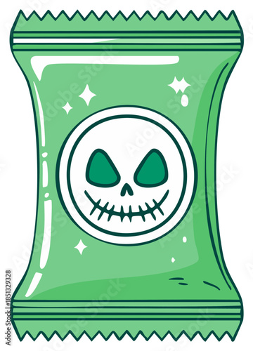 Cartoon Halloween candy wrapper with a spooky grinning skull face illustration