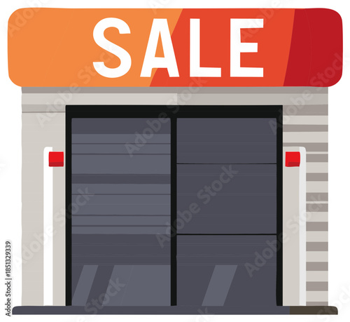 Storefront facade displaying sale sign above the entrance. Retail business opening with seasonal discount and special promotions.