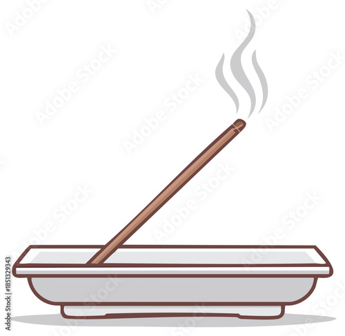 Burning incense stick emitting smoke over a simple tray illustration