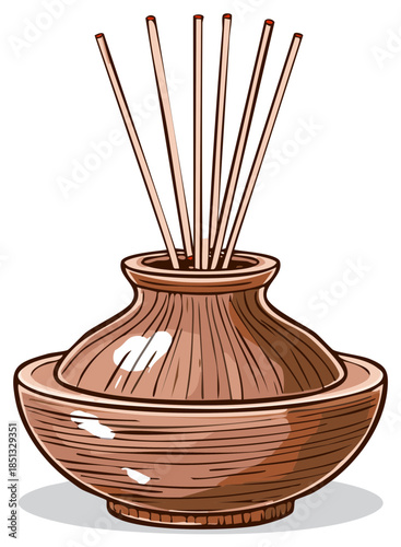 Fragrance diffuser with sticks in a ceramic vase, emitting pleasant aroma for relaxation