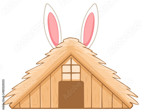 Whimsical rabbit hutch with ears illustration, cartoon house for pets, farm animal shelter, simple illustration