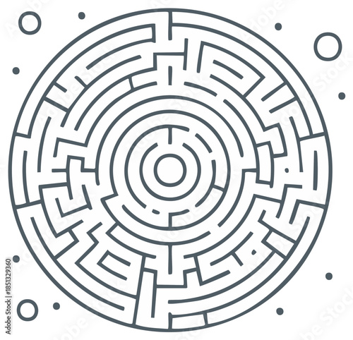 Circular maze labyrinth with concentric circles and scattered dots representing stars