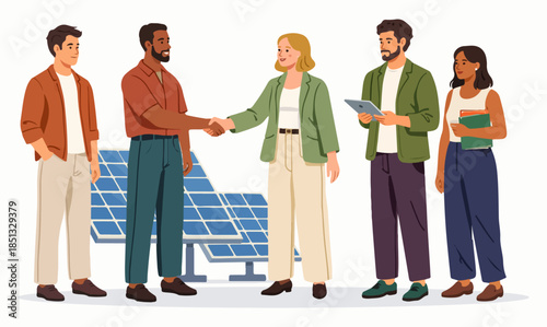 Solar energy technology agreement celebrated by a professional team.