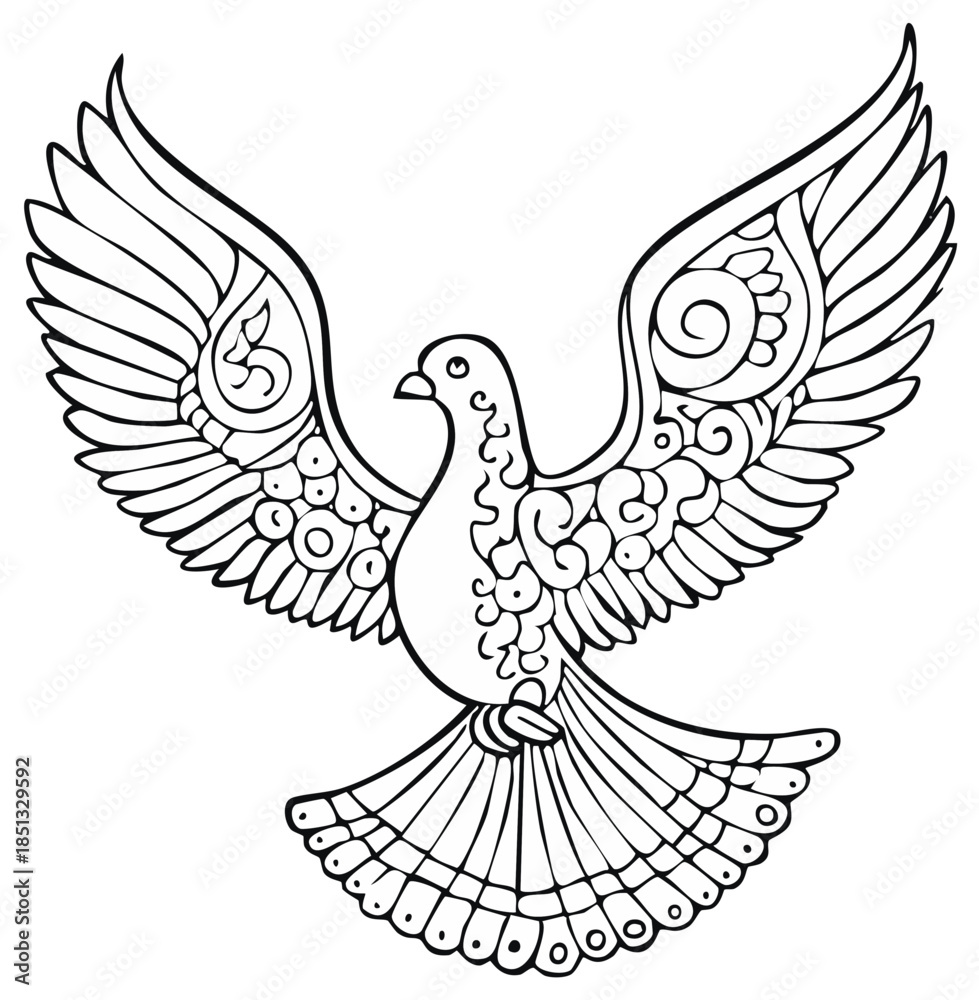 Obraz premium Elegant detailed outline of a dove in flight, wings spread wide, intricate feathered design, line drawing style illustration for coloring book.