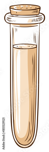 Hand-drawn cartoon illustration of a scientific test tube filled with liquid and sealed with a natural cork stopper