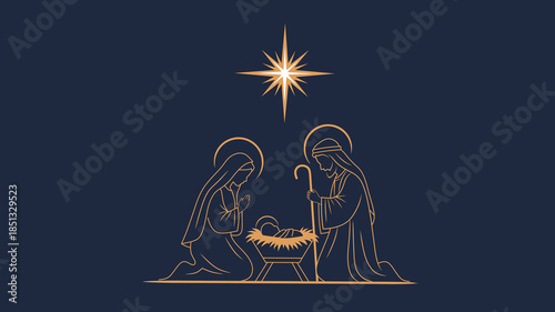 Elegant Outline Nativity Scene Depiction of Jesus Birth Illustration