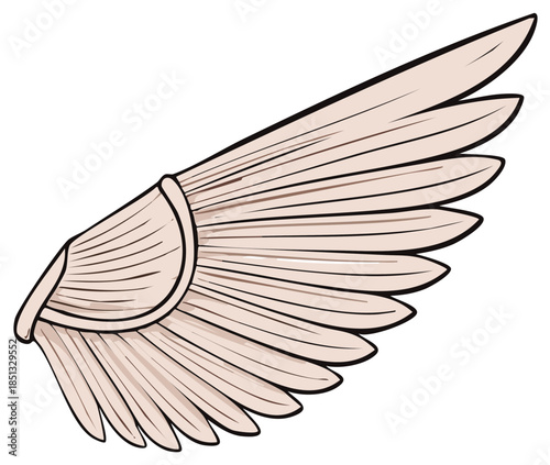 Isolated Stylized Drawing of a Single Beige Angel or Bird Wing with Feathers