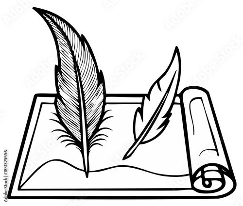 Drawing of Scroll with Quill Pens Depicting Writing and History