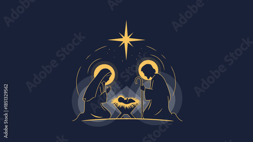 Elegant Silhouette Nativity Scene of Mary Joseph and Baby Jesus Illustration