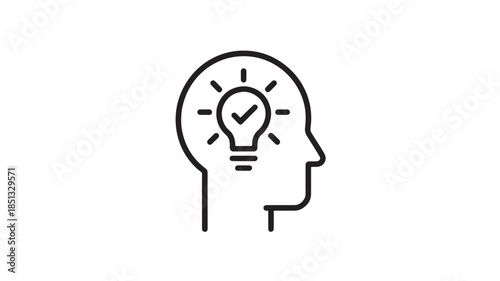 Human Head with Lightbulb Idea in Minimalist Line Art Style with Simple Black Outline on White Background for Creative Concept Illustration