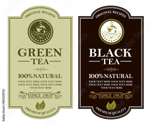 collection of green and black tea labels with leaves and cup