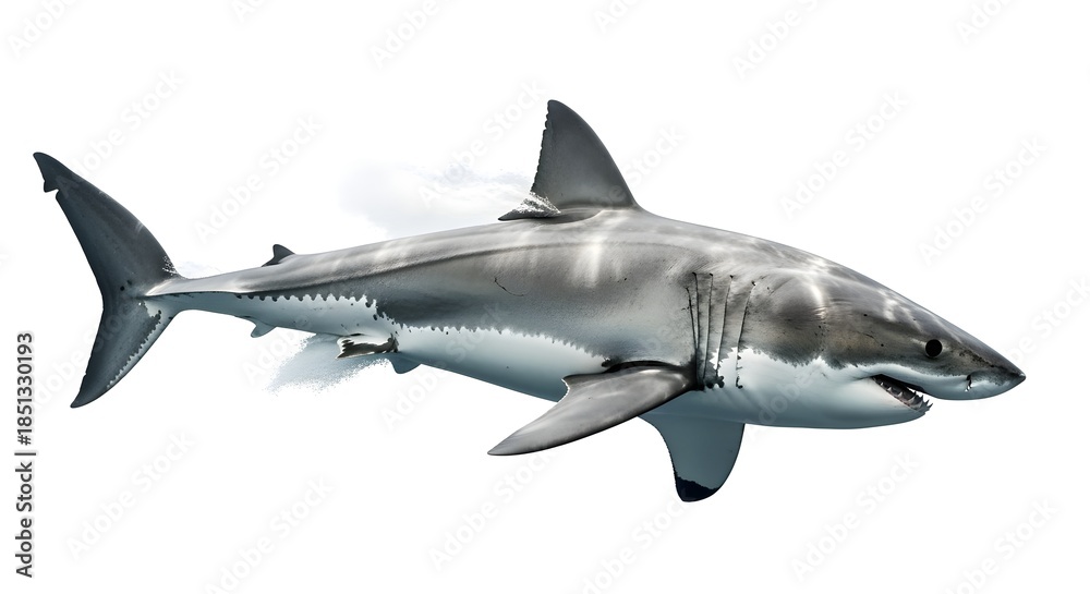 Fototapeta premium Shark in dynamic swimming motion, powerful streamlined body, sharp fin silhouettes, isolated white.