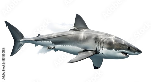 Shark in dynamic swimming motion, powerful streamlined body, sharp fin silhouettes, isolated white.