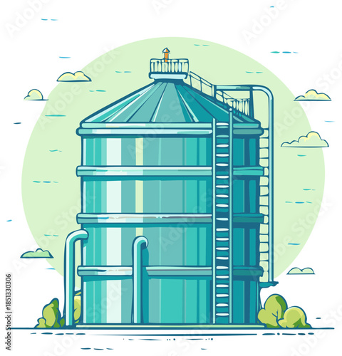 Agricultural silo illustration with ladder, industrial storage cartoon drawing, food processing facility with conical roof