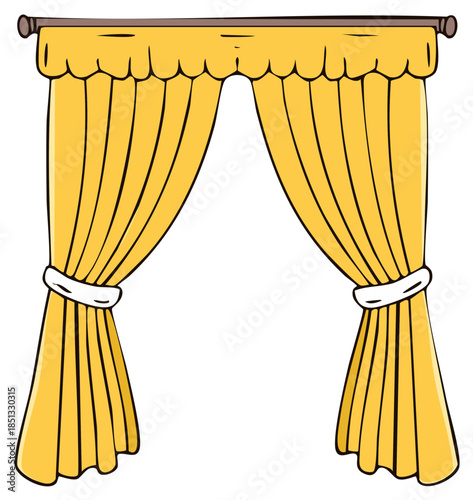 Yellow Drapery With Decorative Scalloped Top Held Back By Tiebacks