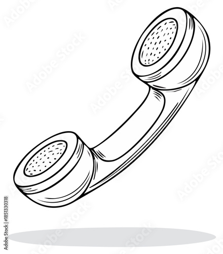 Vintage telephone receiver hand drawn black and white illustration