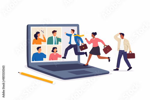 Professional employees excitedly running towards a new era in their careers by crossing the boundaries of the virtual office.