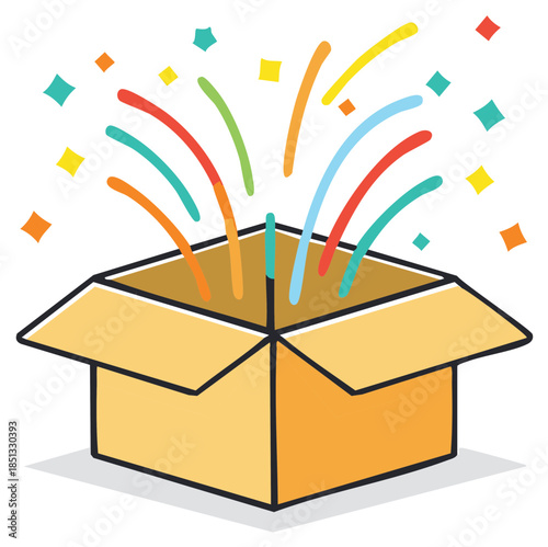 Open Cardboard Box with Colorful Confetti and Streamers Exploding Out