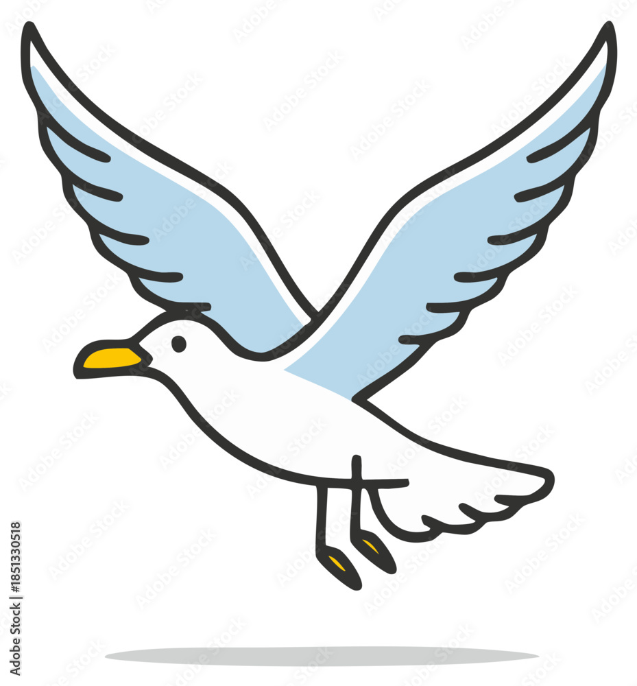 Obraz premium Stylized White Seagull Flying with Light Blue Wings and Yellow Beak