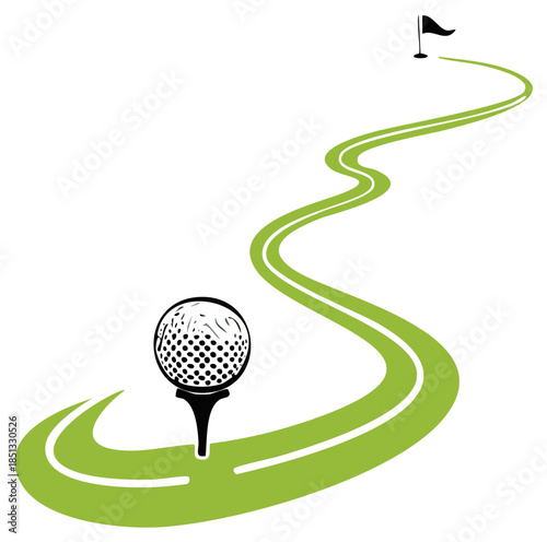 Winding green path from a golf ball on a tee to the hole a symbol of journey strategy and achieving goals