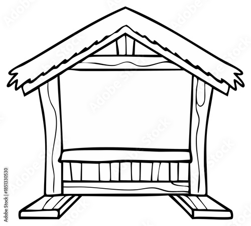 Black and white illustration of a simple wooden hut or shelter for potential use.