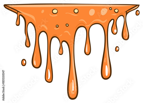 Vibrant orange liquid dripping design with bubbles and shiny drops