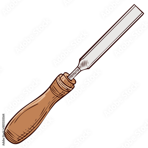 Hand drawn illustration of a classic wood chisel tool for carpentry and carving