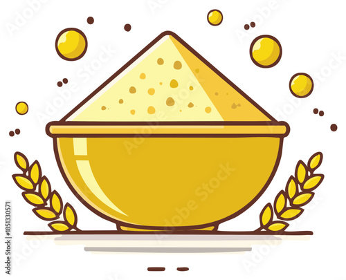 Golden grain flour piled high in a yellow bowl with wheat stalks and floating spheres