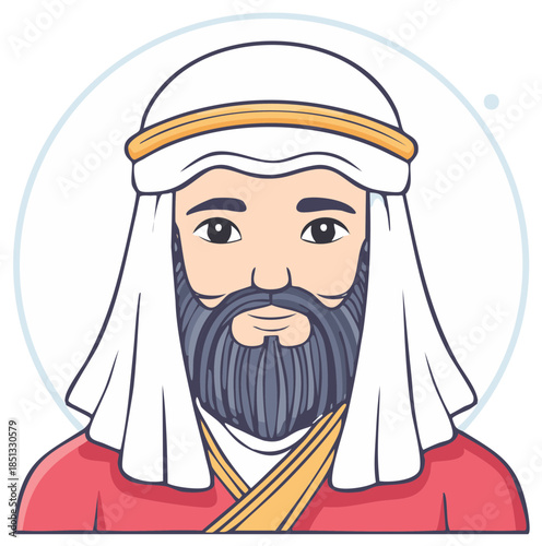 Bearded man in traditional ancient robe and headdress cartoon illustration
