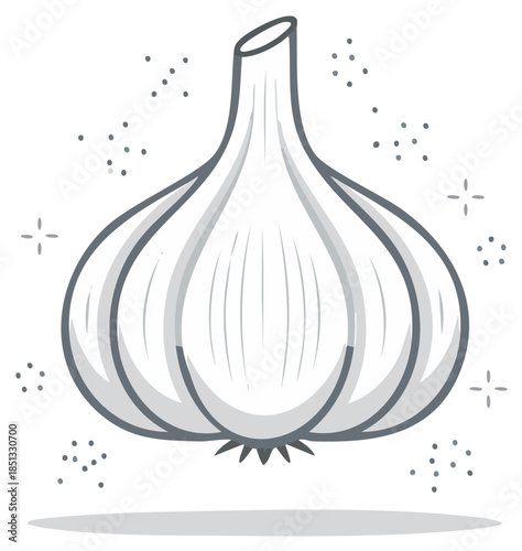 Hand drawn garlic bulb illustration in a simple grayscale cartoon style with aromatic sparkles