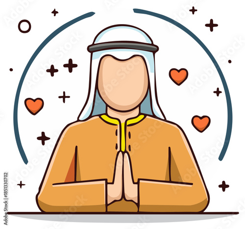 Arab Man Praying with Hearts and Stars Festive Graphic Illustration