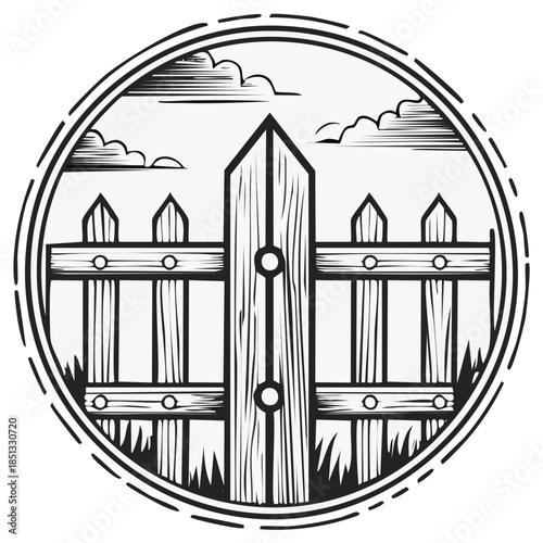 Wooden picket fence with clouds and grass in a circular frame rustic emblem