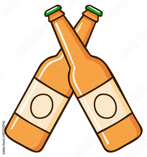 Two crossed amber beer bottles with blank labels and green caps