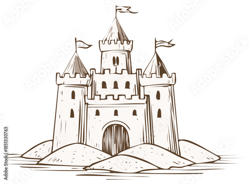 Hand drawn vector illustration of a sand castle with towers and flags on the beach