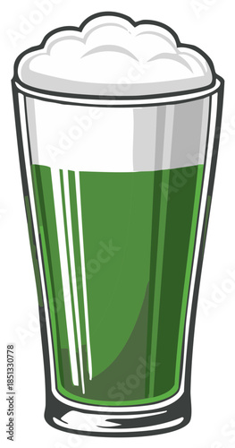 Illustration of a tall glass filled with green liquid and topped with white foam