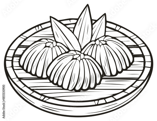 Traditional Asian dim sum dumplings in a bamboo steamer basket line art illustration
