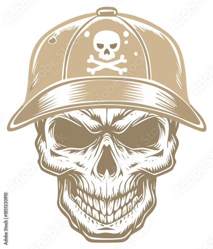 Menacing urban skull in a baseball hat with pirate emblem vector art