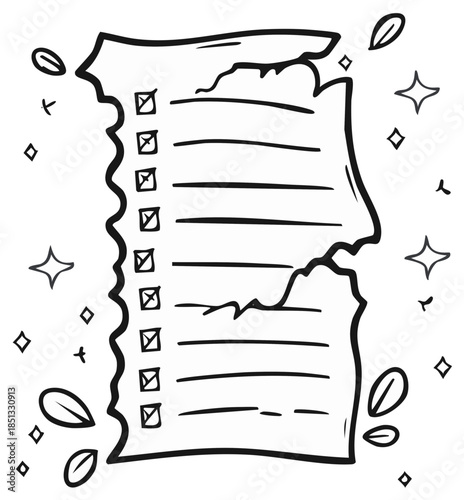 Doodle drawing of a torn checklist with checkboxes and decorative elements