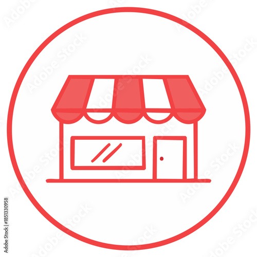 Red outline shop icon with striped awning and window, a retail storefront symbol