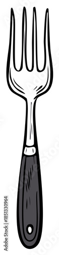 Simple drawing of a fork with four tines and a dark handle with a hole