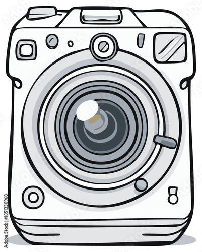 Front view illustration of a vintage point and shoot camera with bold outlines